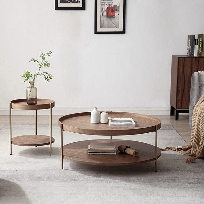 Seek & Ramble Coffee Tables Cleo Set of 2 90cm Round Coffee Table Walnut & Gold Legs With Storage Shelf Bundle