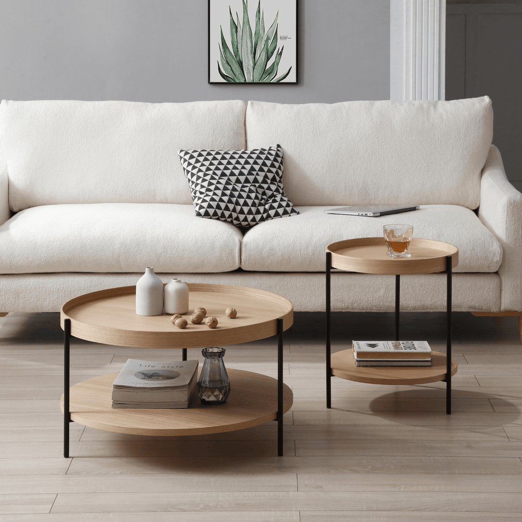 SeekandRamble Coffee Tables Cleo Set of 2 Round Coffee Table 69cm & Side Table Ash With Storage Shelf