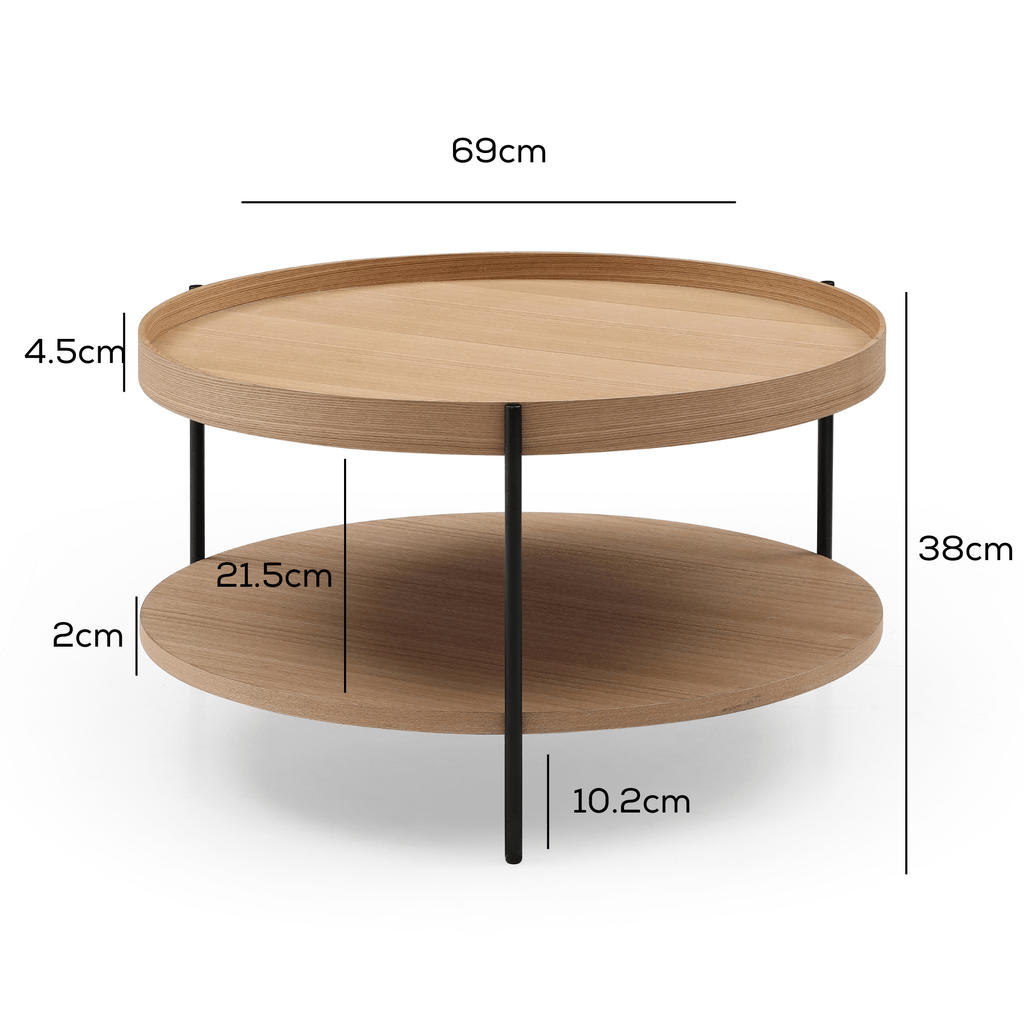 SeekandRamble Coffee Tables Cleo Set of 2 Round Coffee Table 69cm  & Side Table Ash With Storage Shelf