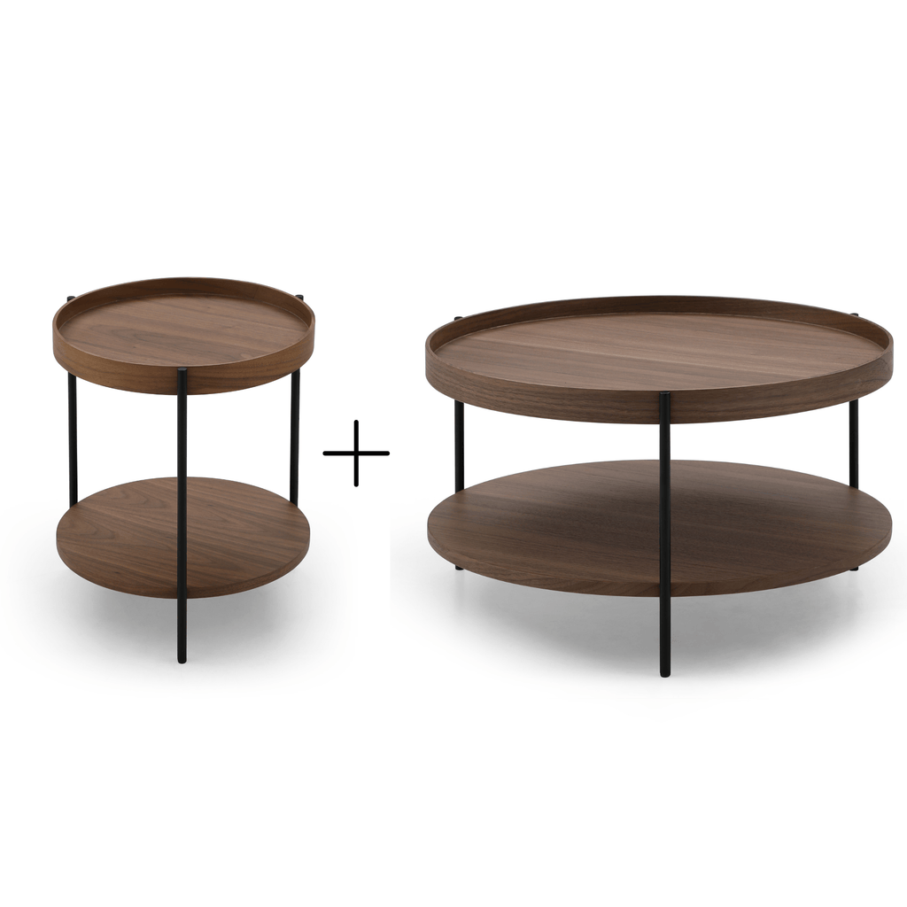 SeekandRamble Coffee Tables Cleo Set of 2 Round Coffee Table 69cm & Side Table Walnut With Storage Shelf