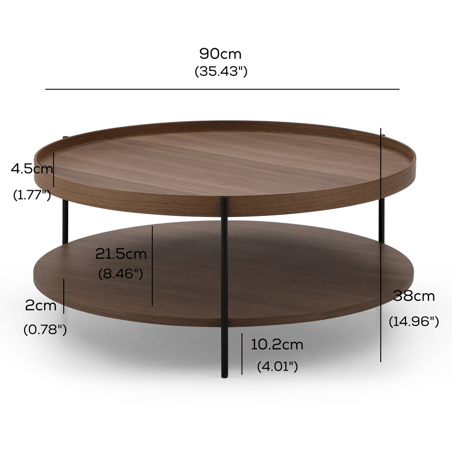 Cleo 90cm Round Coffee Table Walnut With Storage Shelf measurements