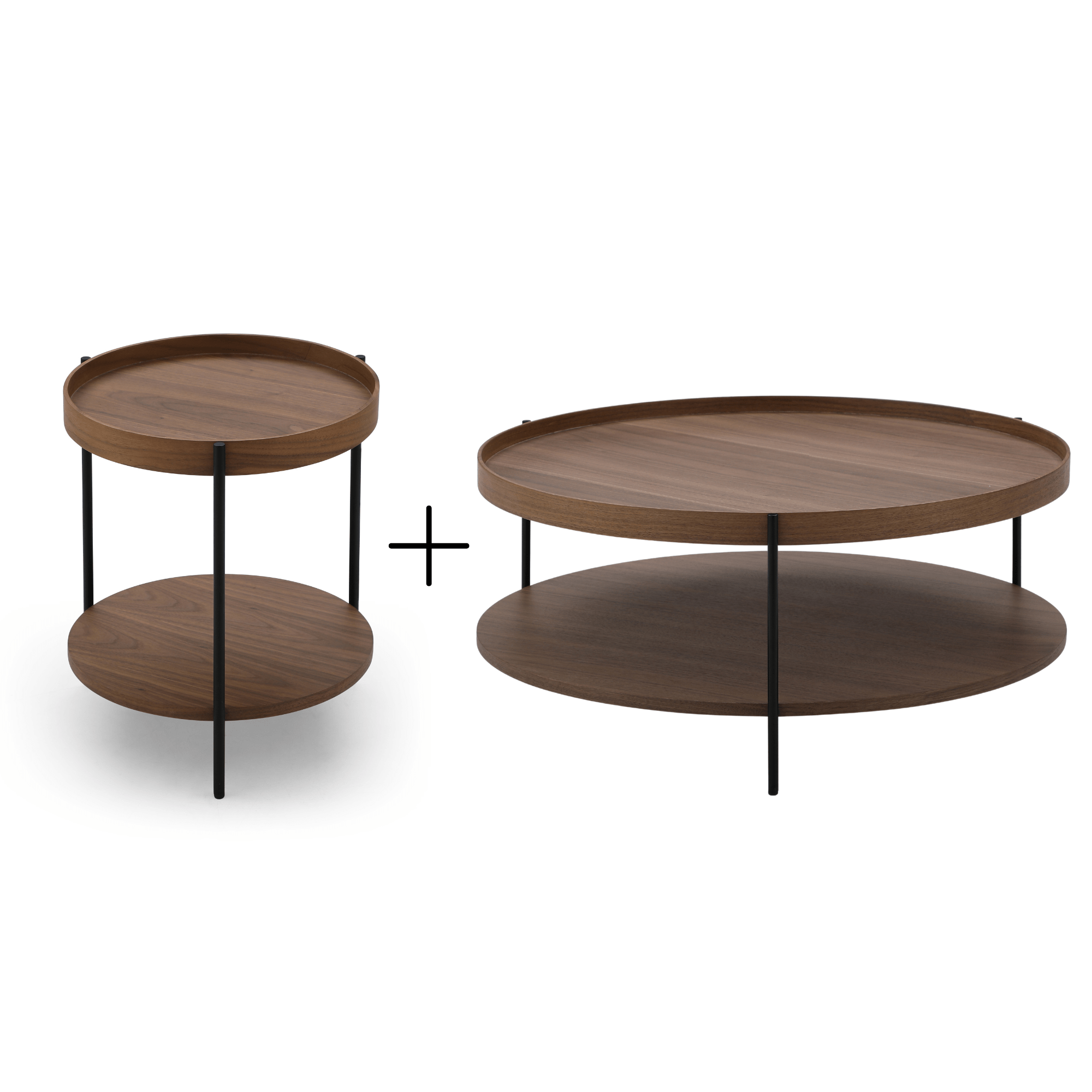 Seek & Ramble Bundles Cleo Set of 2 Round Coffee Table 90cm & Side Table Walnut Bundle