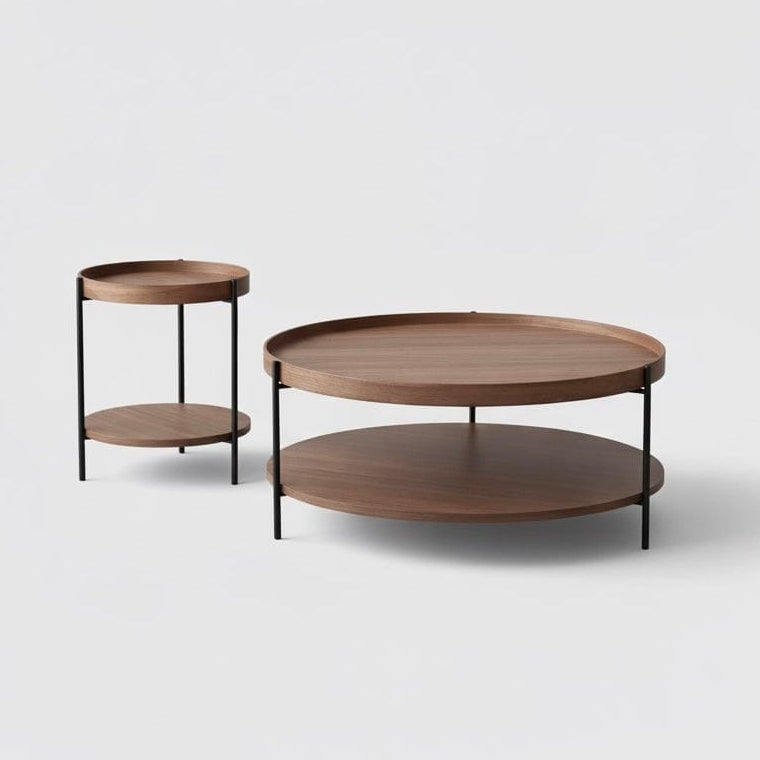 Seek & Ramble Coffee Tables Cleo Set of 2 Round Coffee Table 90cm & Side Table Walnut Bundle