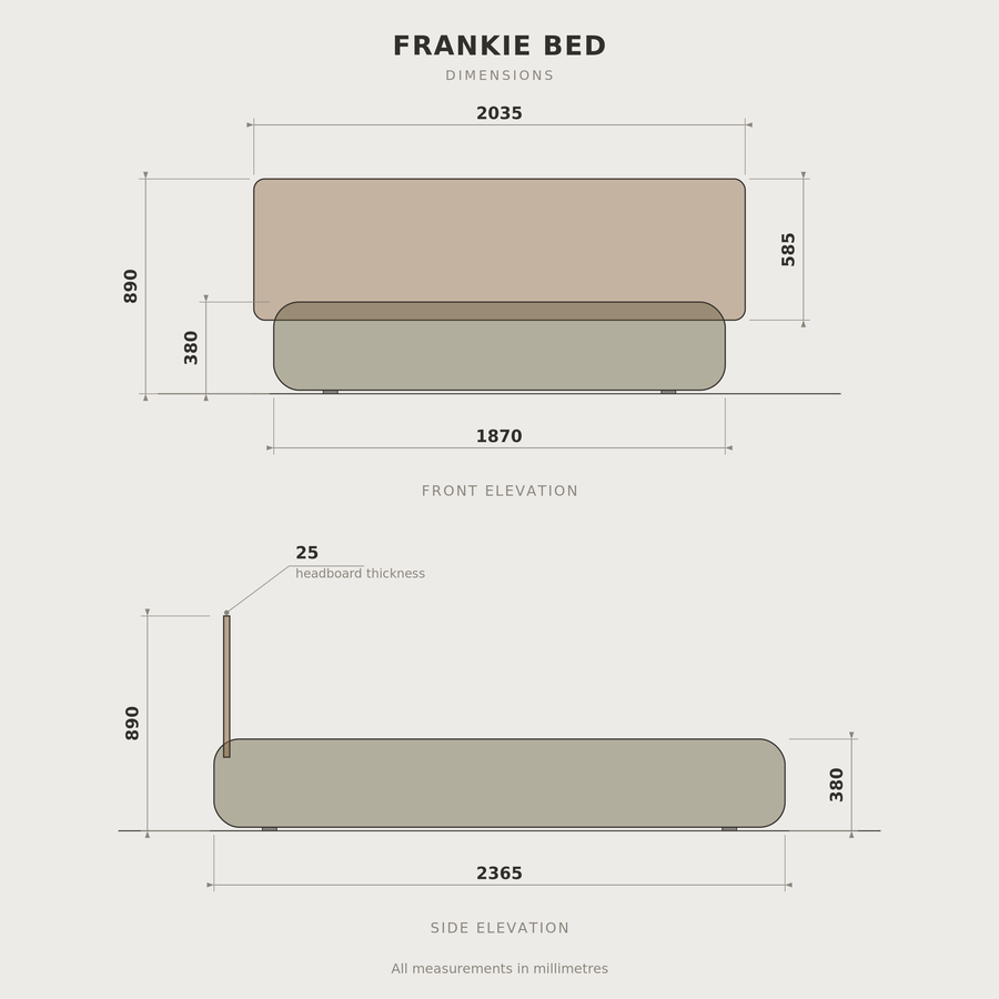 Frankie Queen Size Bed - Walnut & Moss measurements