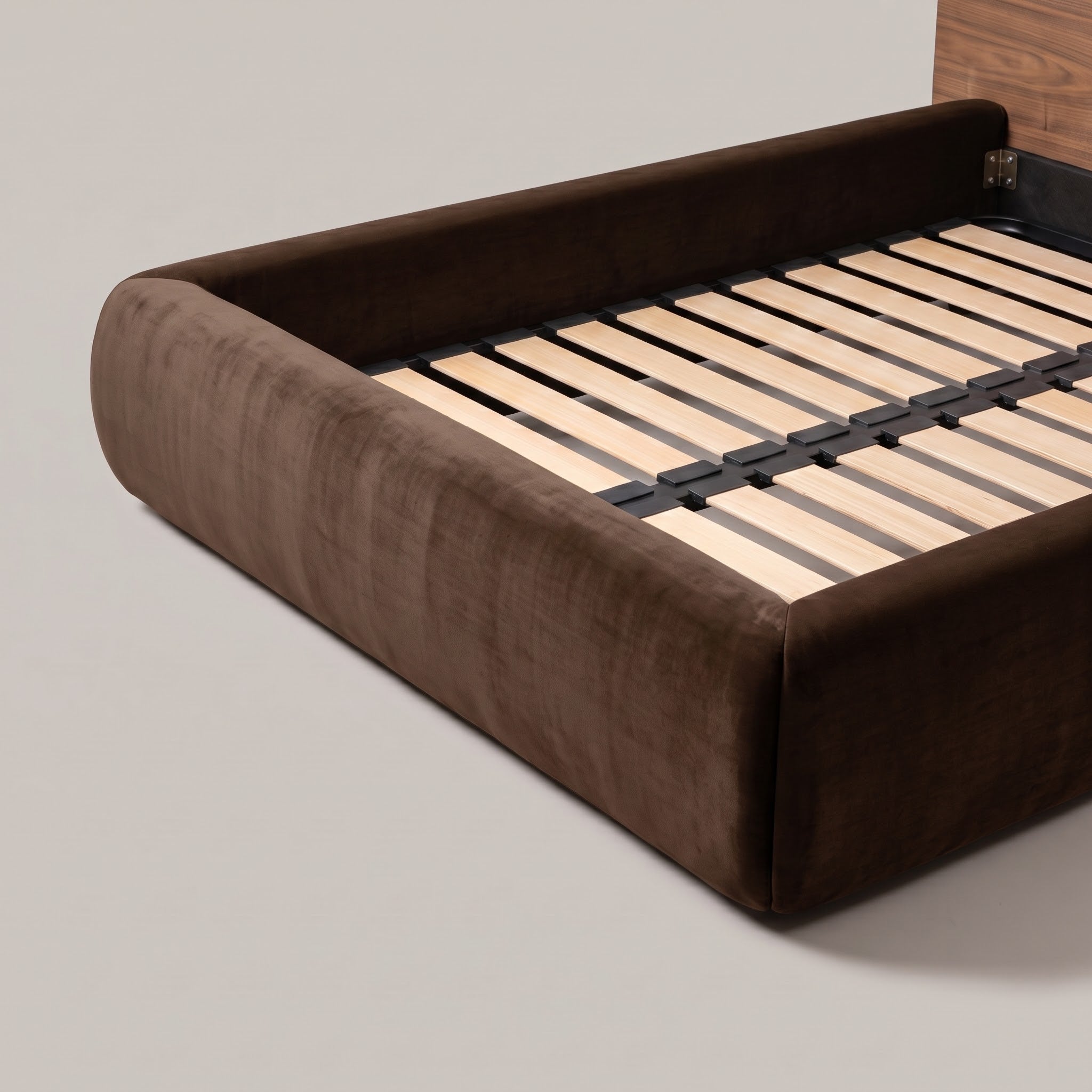Frankie Queen Bed in Chocolate velvet, foot rail and slat base detail