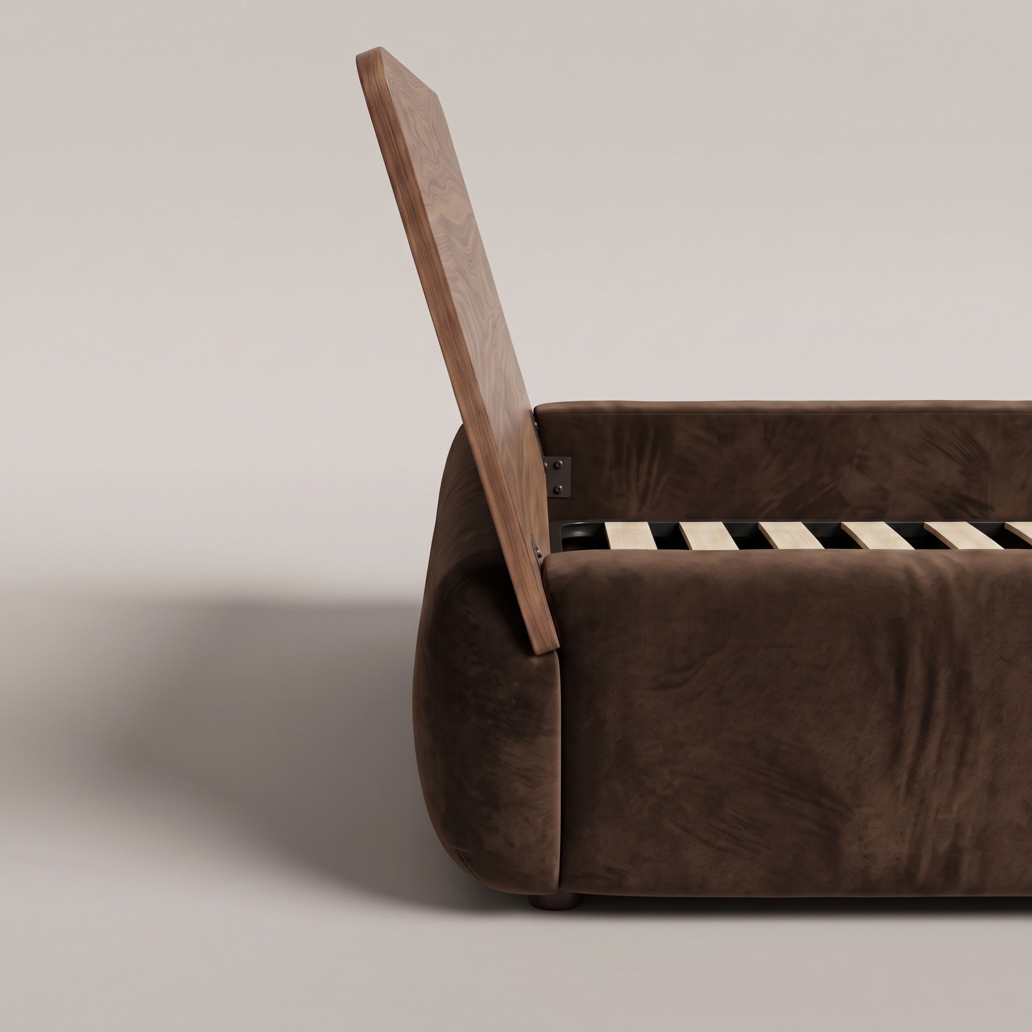 Frankie Queen Bed in Chocolate velvet, side view of the walnut headboard