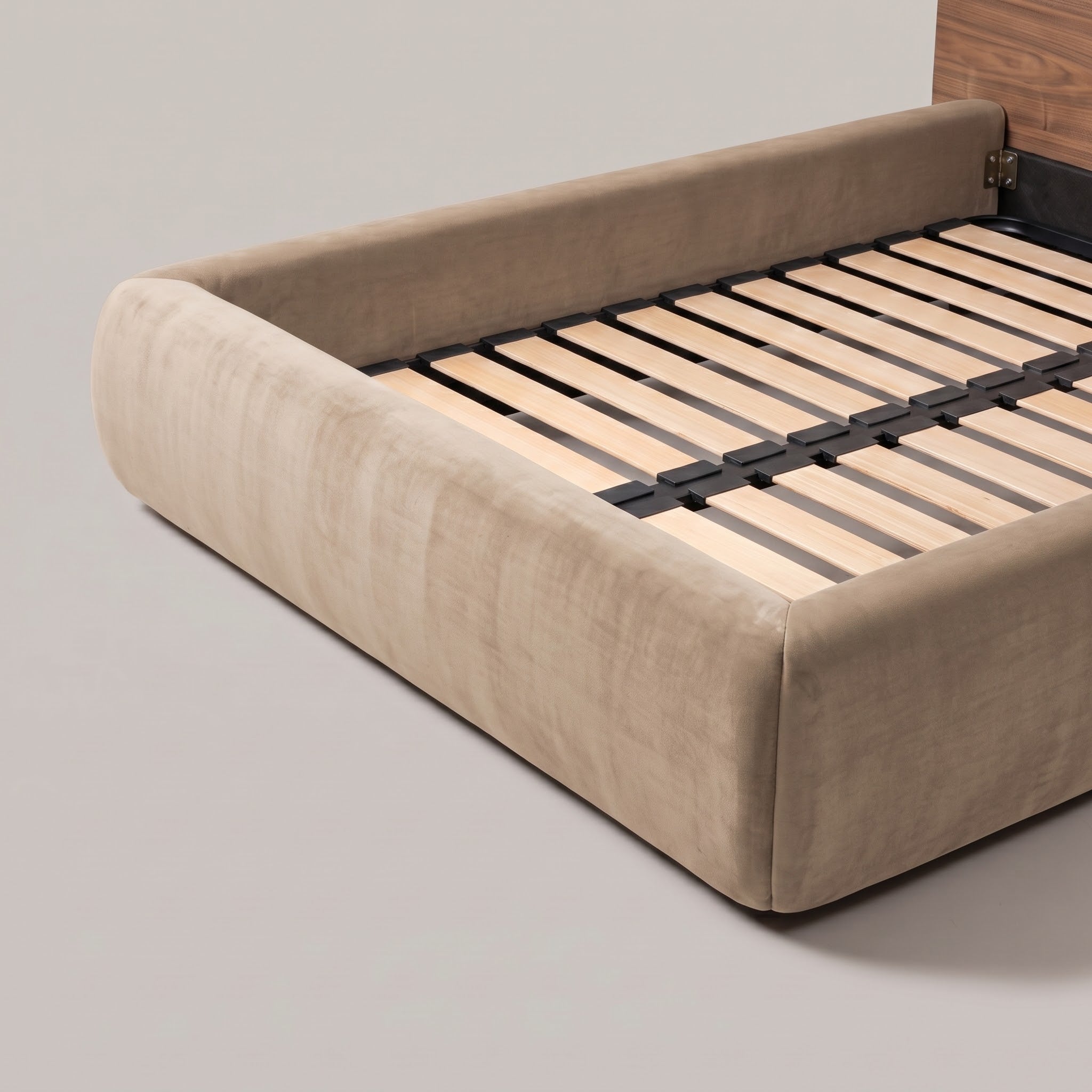 Frankie Queen Bed in Natural velvet, foot rail and slat base detail