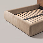 Frankie Queen Bed in Natural velvet, foot rail and slat base detail