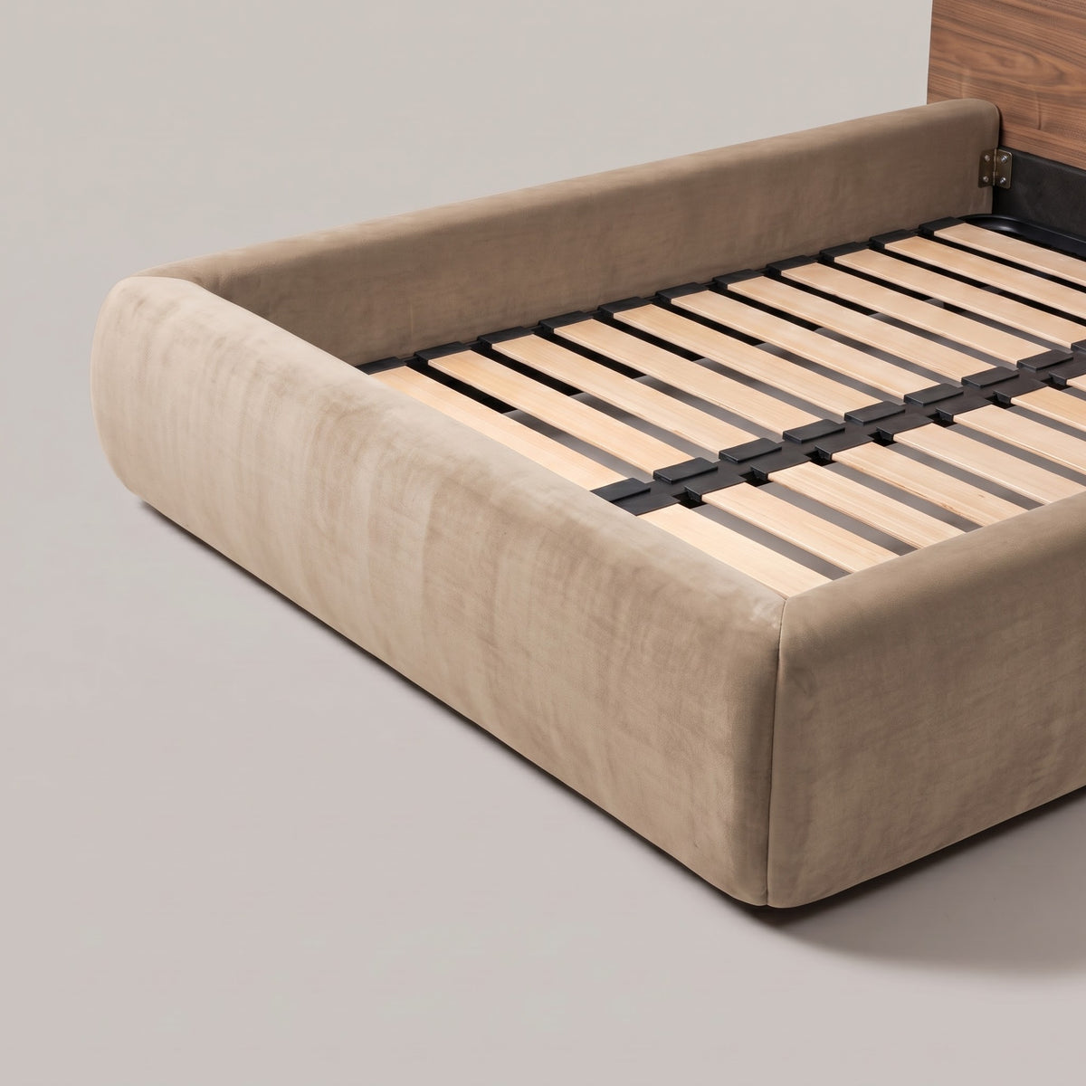 Frankie Queen Bed in Natural velvet, foot rail and slat base detail