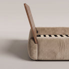 Frankie Queen Bed in Natural velvet, side view of the walnut headboard