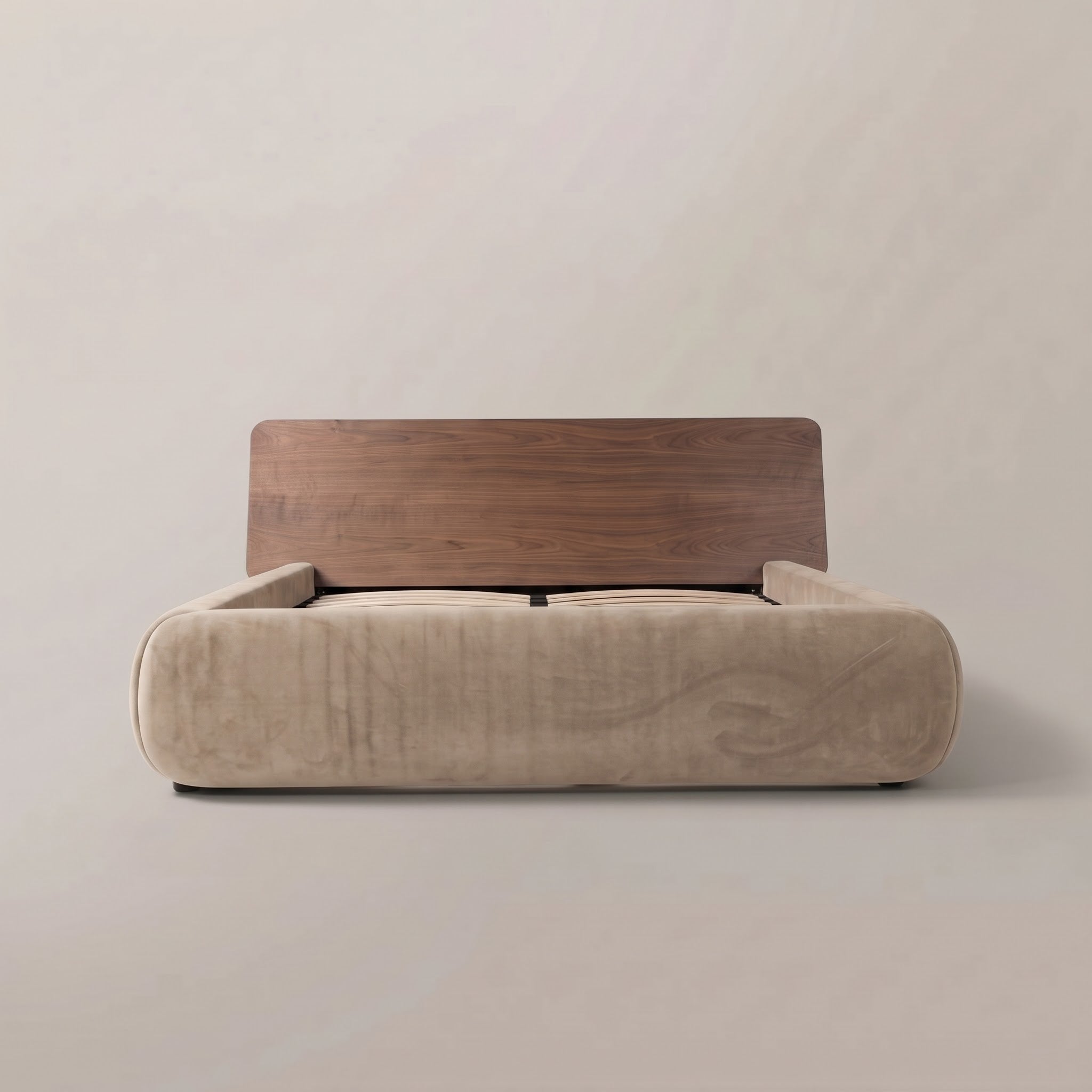 Frankie Queen Bed in Natural velvet, front view of the walnut headboard