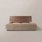 Frankie Queen Bed in Natural velvet, front view of the walnut headboard