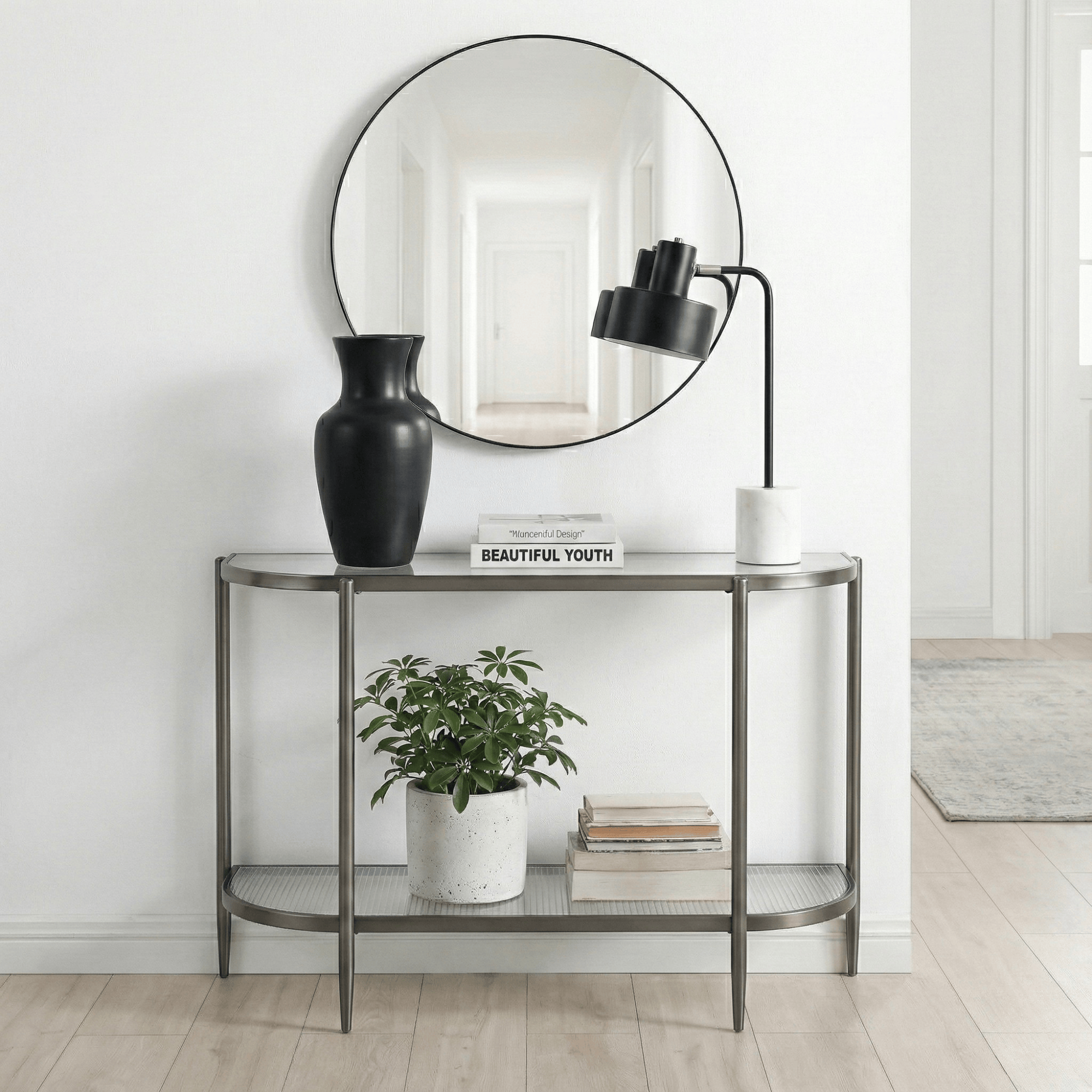 Seek & Ramble Hall Table Gatsby 110cm Console Hall Table Fluted Glass Brushed Gunmetal Grey