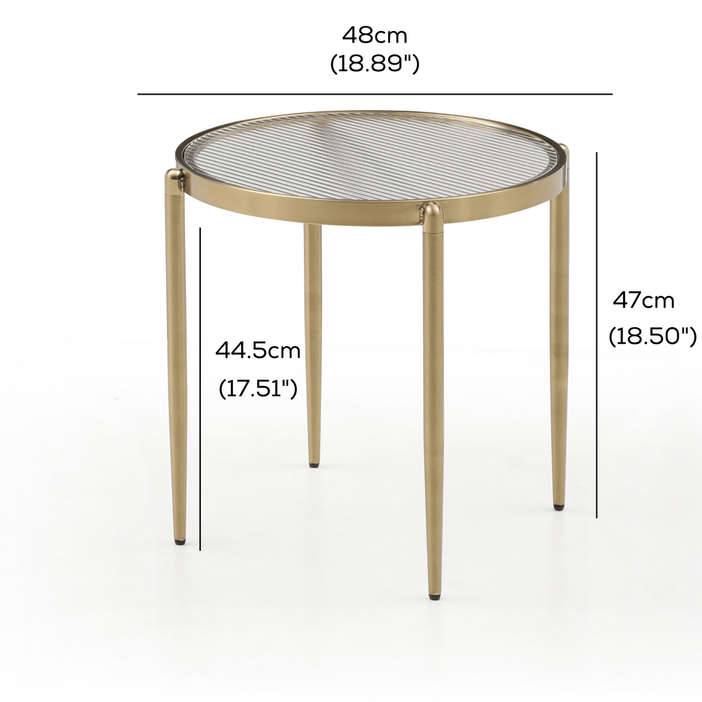 SeekandRamble Side Table Gatsby 48cm Round Side Table Fluted Glass Gold Metal