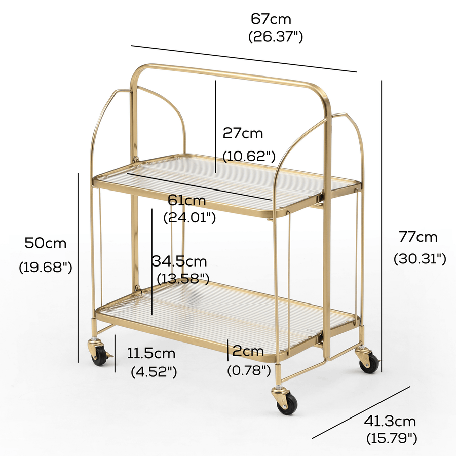 Gatsby Bar Cart Fluted Glass & Gold Metal Foldable Trolley measurements