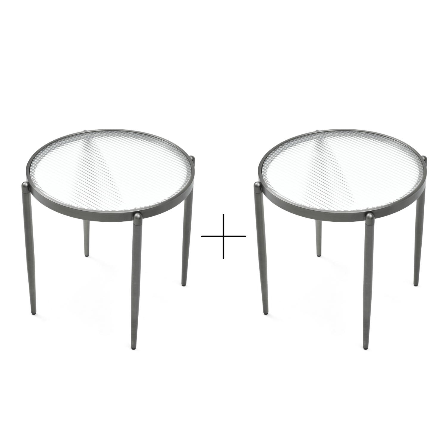 Seek & Ramble Side Table Set of 2 Bundle Gatsby Round 48cm Fluted Glass Side Table  Gunmetal Grey