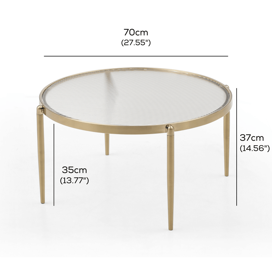 Gatsby 70cm Round Coffee Table Fluted Glass & Gold Metal measurements