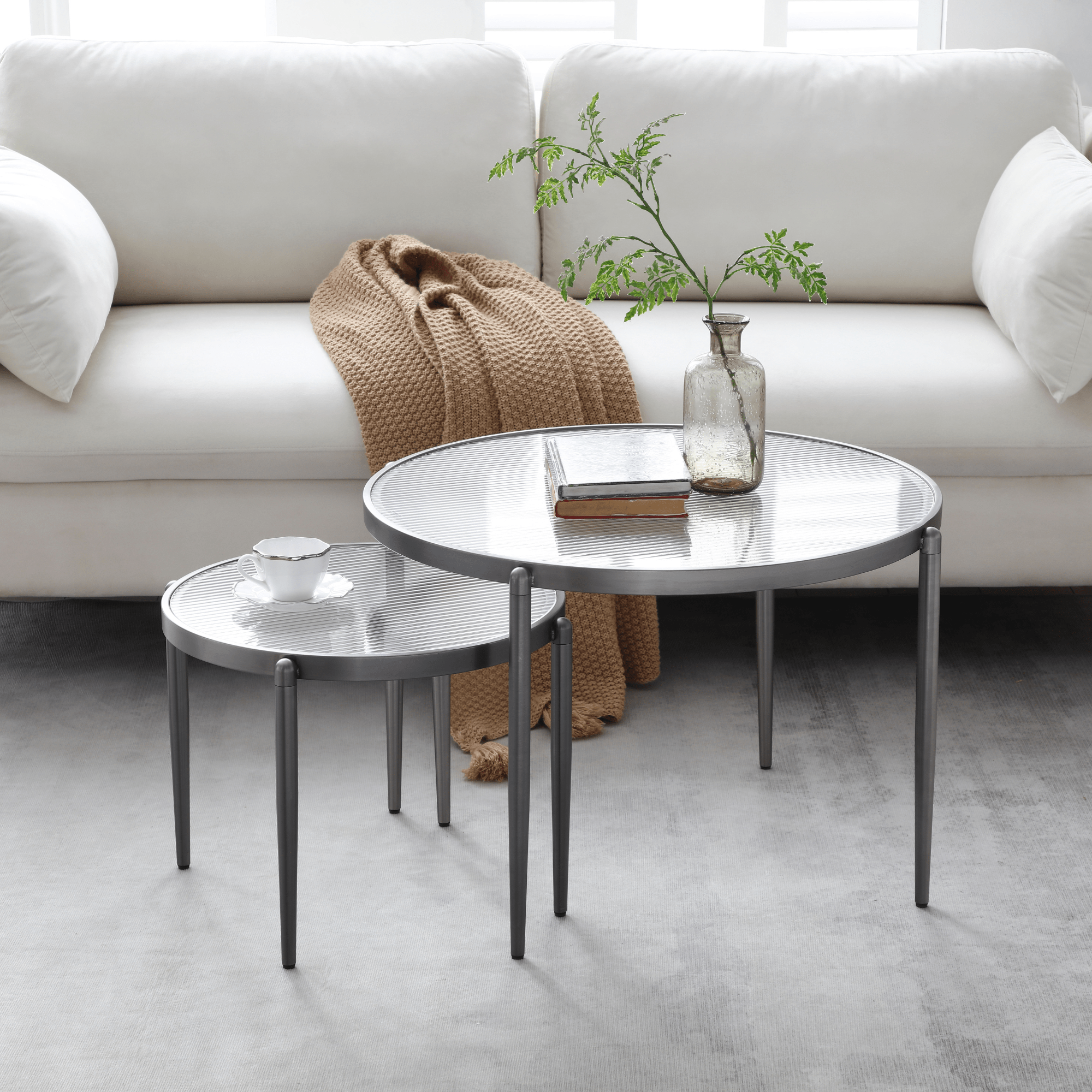 Seek & Ramble Coffee Tables Gatsby Set of 2 Coffee Table Nest Fluted Glass & Brushed Gunmetal Grey