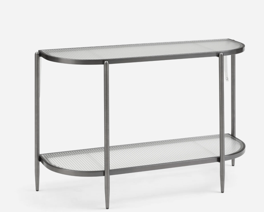 Gatsby gunmetal grey modern console table, fluted glass shelf, narrow hall table styling with vase, books, artwork.