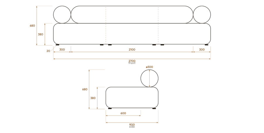 Masso 3-Seat Sofa — Velvet Amber measurements