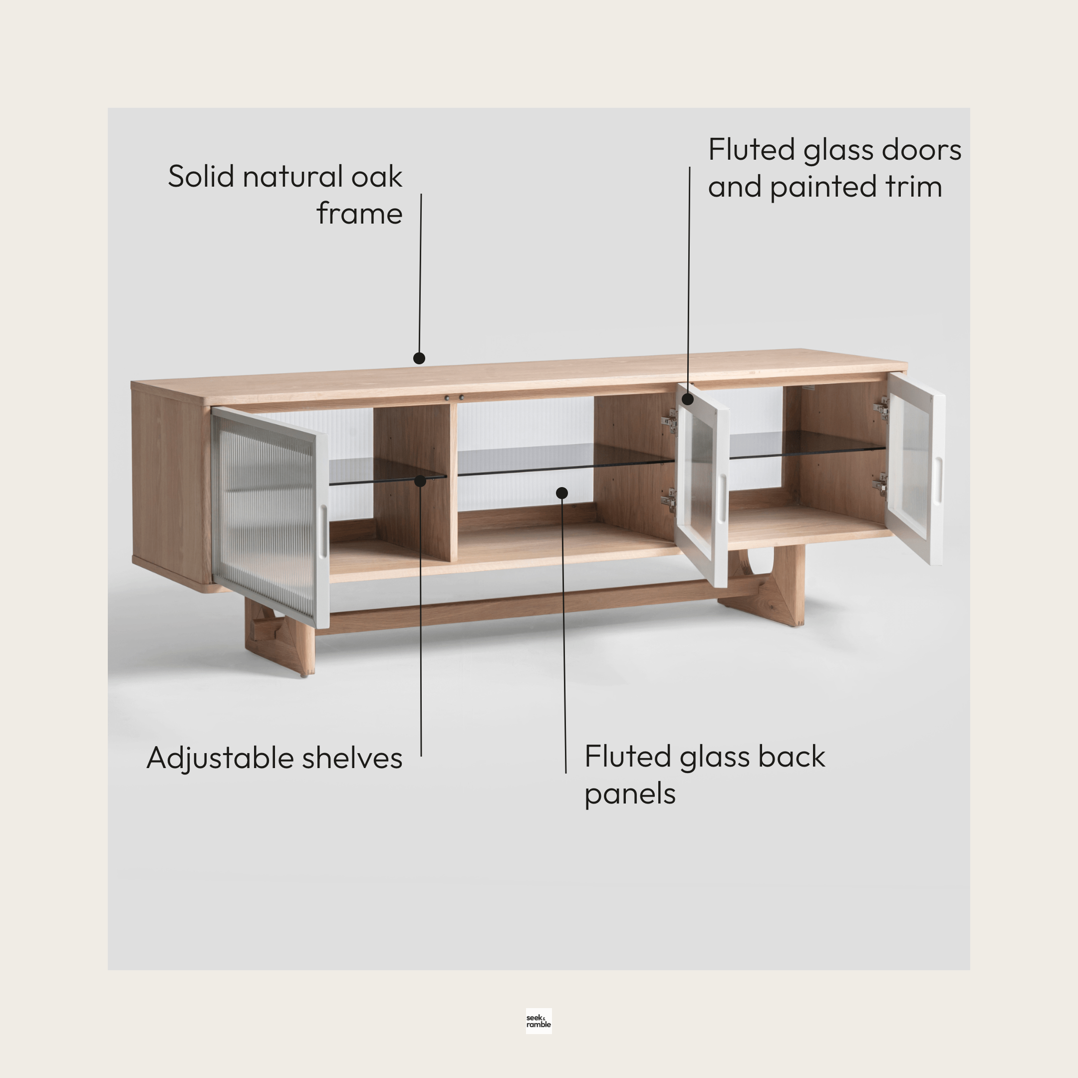 Seek & Ramble Cabinets Oscar 1.8m Natural Oak and Fluted Glass Low Sideboard