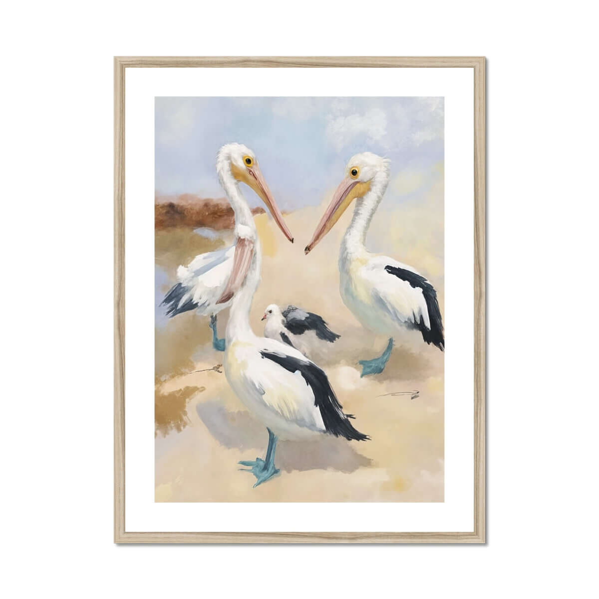 Seek & Ramble Framed Print 24"x32" / Natural Frame Pelicans By The Shore Framed & Mounted Print