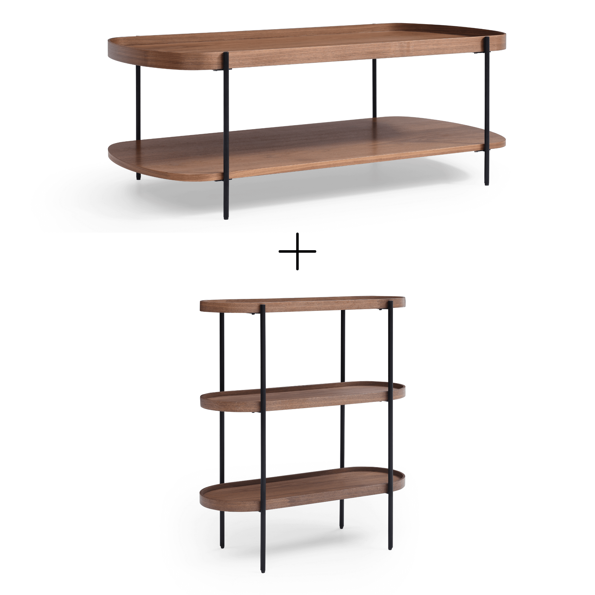 Seek & Ramble Coffee Tables Set of 2 Cleo Walnut Coffee Table and 3 Tier Bookcase