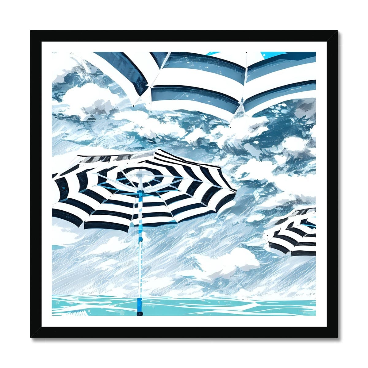 Seek & Ramble Framed 12"x12" / Black Frame Blue Striped Beach Umbrellas Framed Print