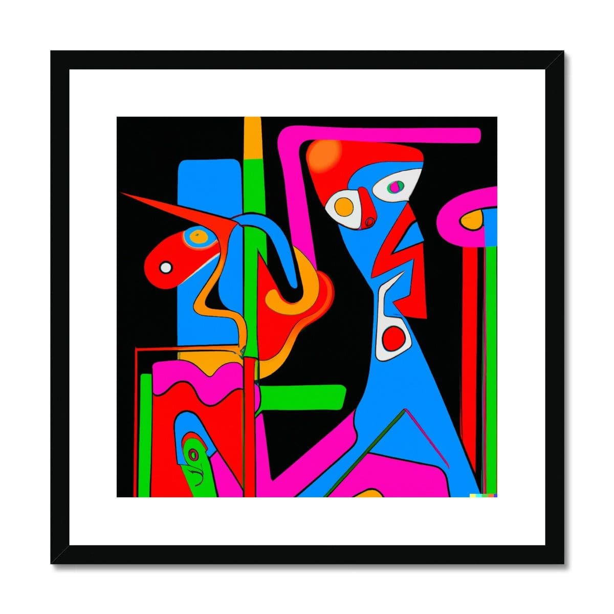 Seek & Ramble Framed 12"x12" / Black Frame Ai Picasso Style Retro Neon Abstract Framed & Mounted Print