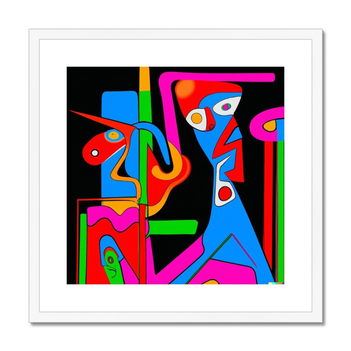 Seek & Ramble Framed 12"x12" / White Frame Ai Picasso Style Retro Neon Abstract Framed & Mounted Print