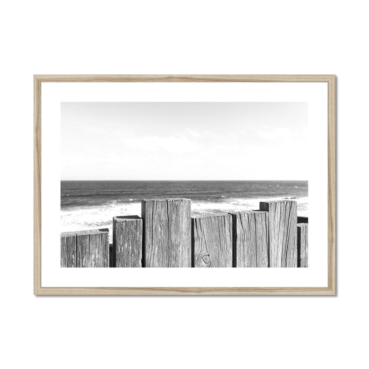 Adam Davies Framed 28"x20" / Natural Frame Black & White Beach Fence Framed & Mounted Print