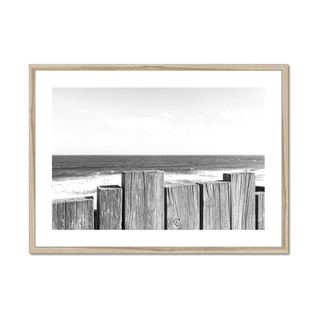 SeekandRamble Framed 28"x20" / Natural Frame Black & White Beach Fence Framed & Mounted Print