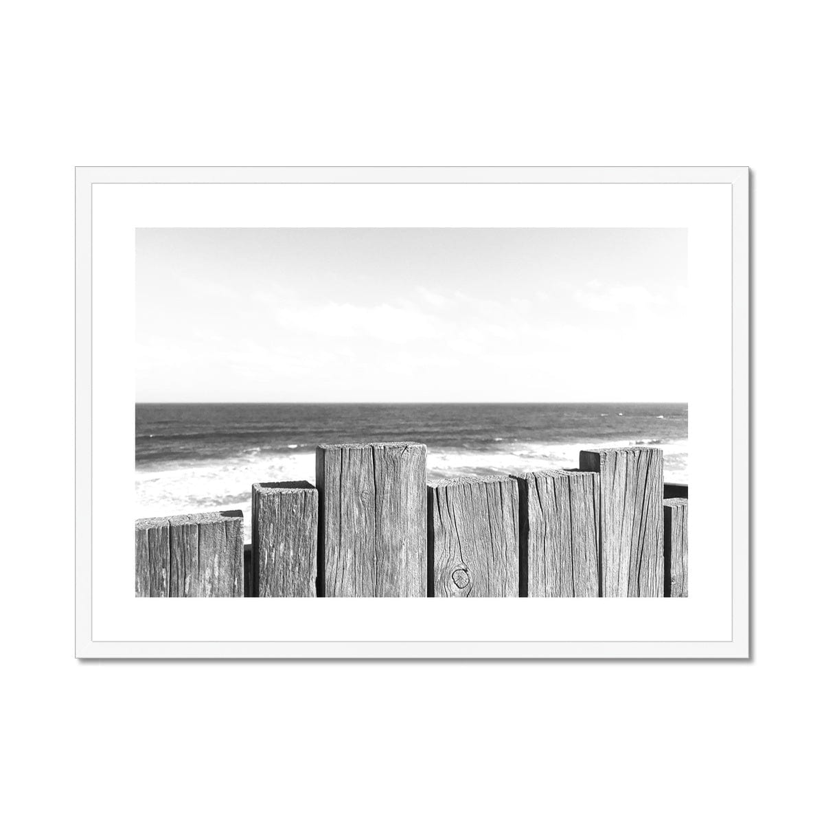 Adam Davies Framed 28"x20" / White Frame Black & White Beach Fence Framed & Mounted Print