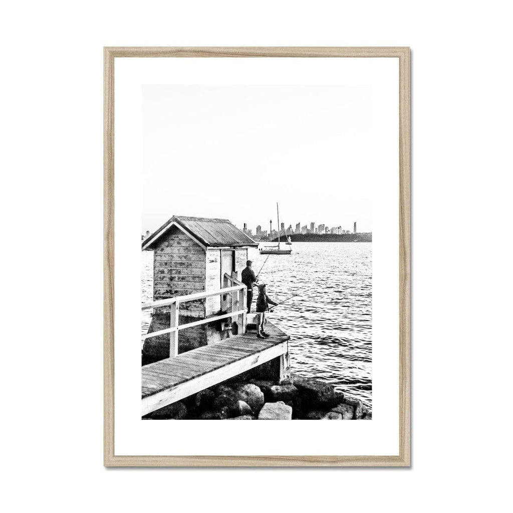 SeekandRamble Framed 20"x28" / Natural Frame Black & White Fishing With Fatherly Love Framed & Mounted Print