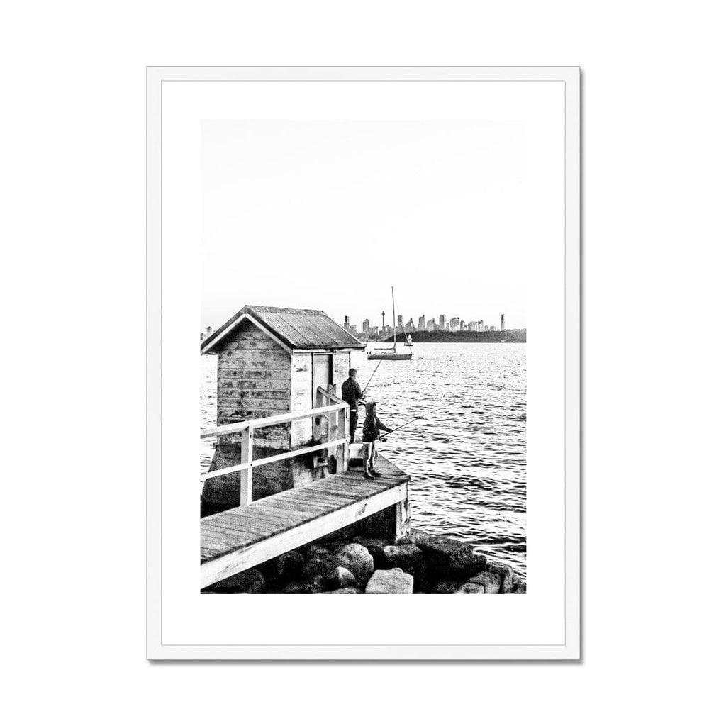 Adam Davies Framed A4 Portrait / White Frame Black & White Fishing With Fatherly Love Framed & Mounted Print