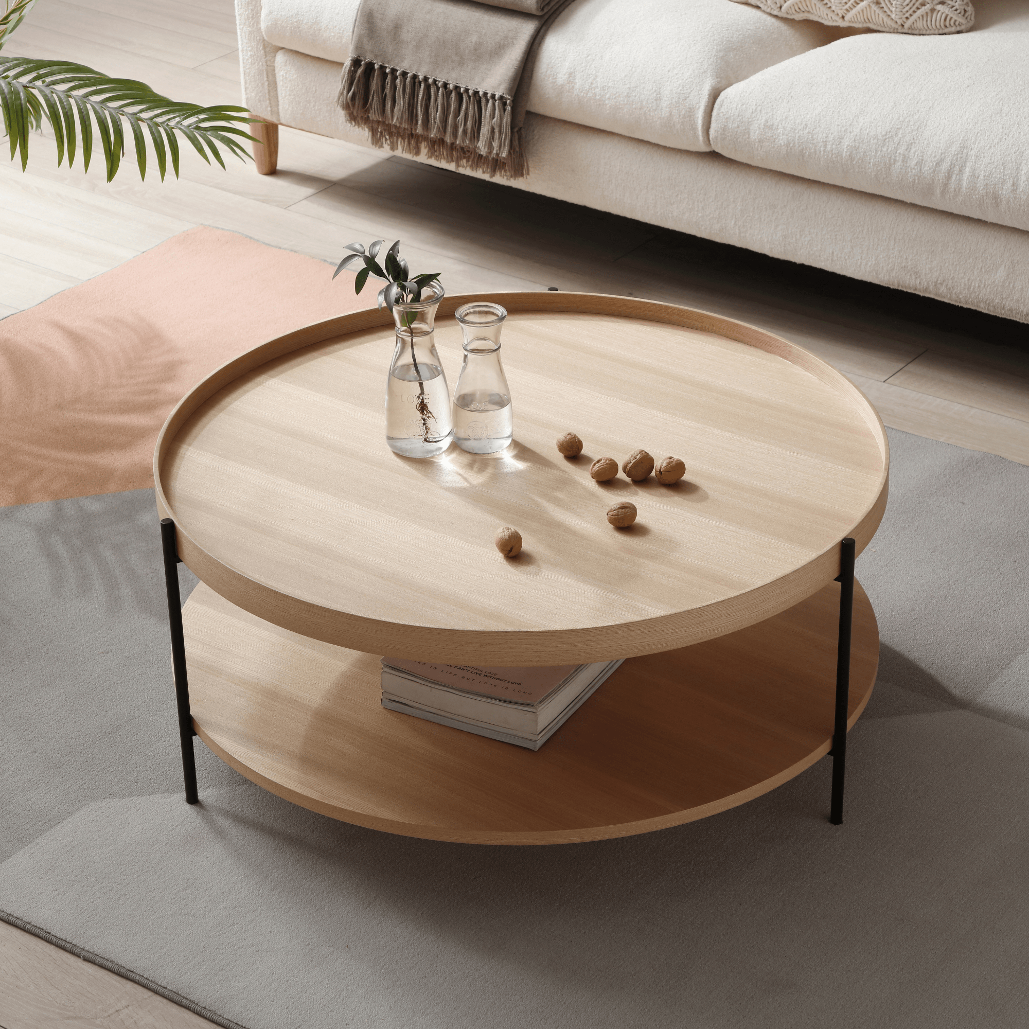 Seek & Ramble Coffee Tables Cleo 90cm Round Coffee Table Ash With Storage Shelf