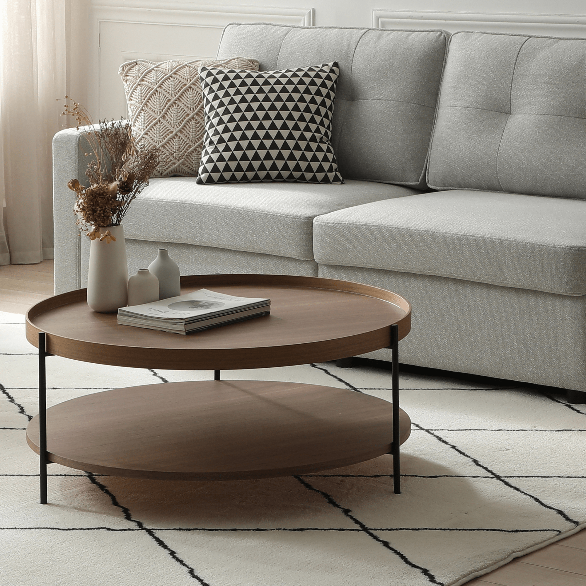 Seek & Ramble Coffee Tables Cleo 90cm Round Coffee Table Walnut With Storage Shelf