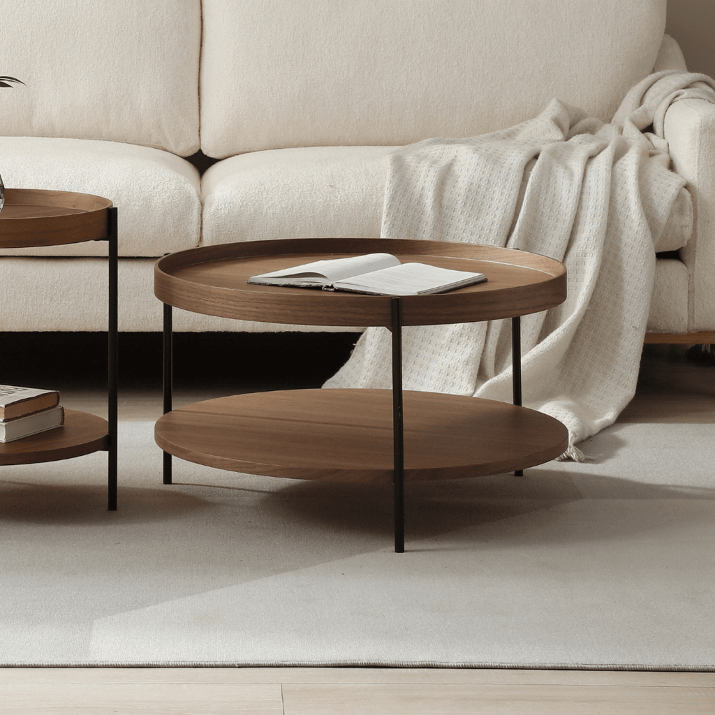 SeekandRamble Coffee Tables Cleo Round Coffee Table Walnut With Storage Shelf Medium