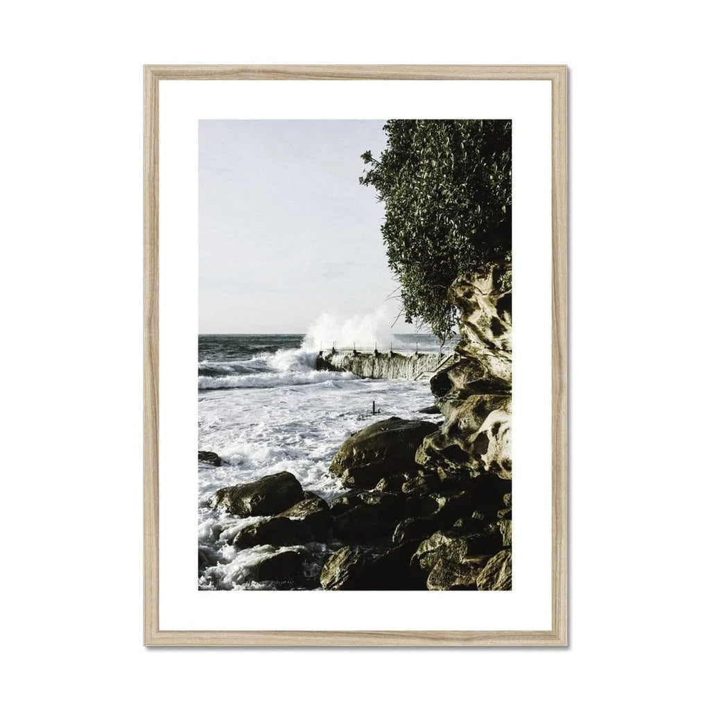 SeekandRamble Framed A4 Portrait / Natural Frame Coastal Bondi Breaking Waves Framed & Mounted Print
