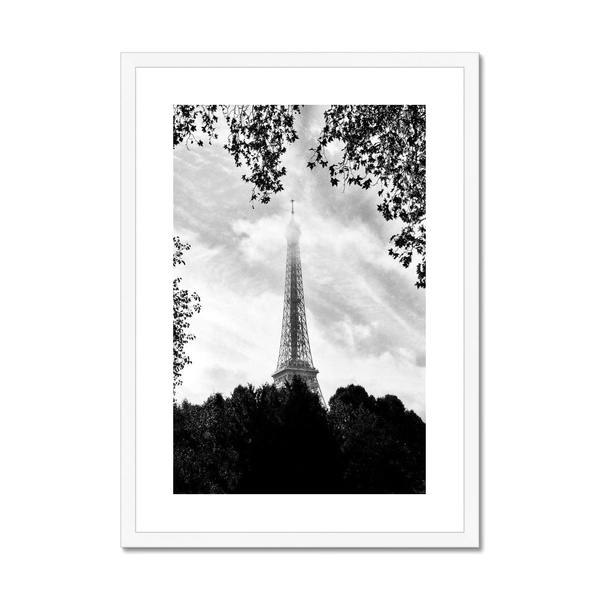 Adam Davies Framed 12"x16" (30.48x40.64cm) / White Frame Eiffel Through Trees Framed & Mounted Print