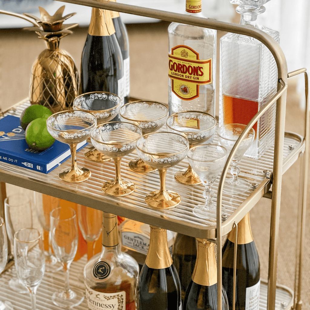 SeekandRamble Bar Trolley Gatsby Bar Cart Fluted Glass & Gold Metal | Foldable Storage Shelf & Trolley