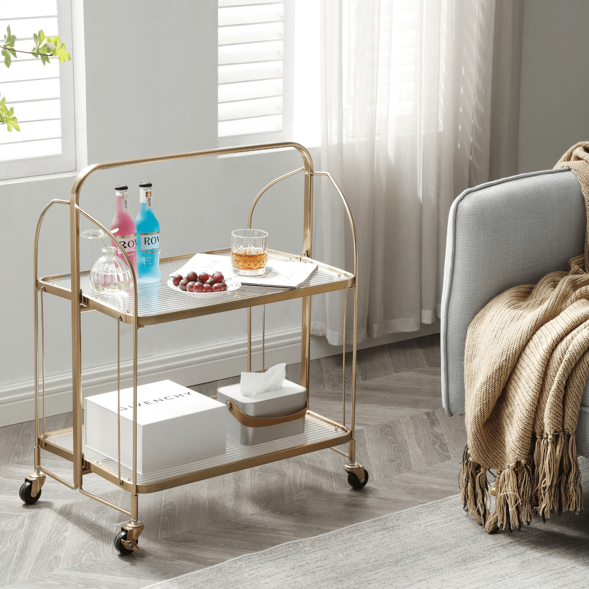 Seek & Ramble Bar Trolley Gatsby Bar Cart Fluted Glass & Gold Metal | Foldable Storage Shelf & Trolley