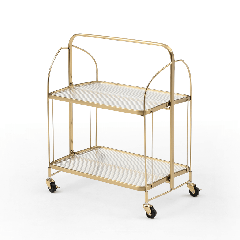 Seek & Ramble Bar Trolley Gatsby Bar Cart Fluted Glass & Gold Metal | Foldable Storage Shelf & Trolley