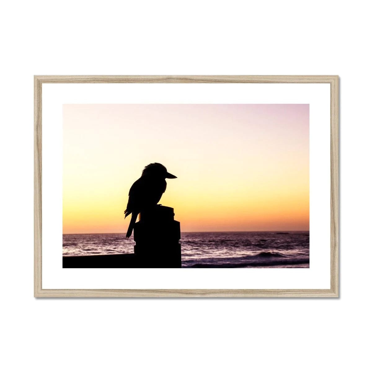 Seek & Ramble Framed A4 Landscape / Natural Frame Kookaburra Silhouette Flynns Beach Framed Print