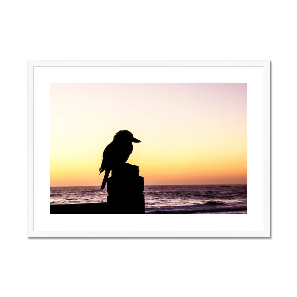 Seek & Ramble Framed A4 Landscape / White Frame Kookaburra Silhouette Flynns Beach Framed Print