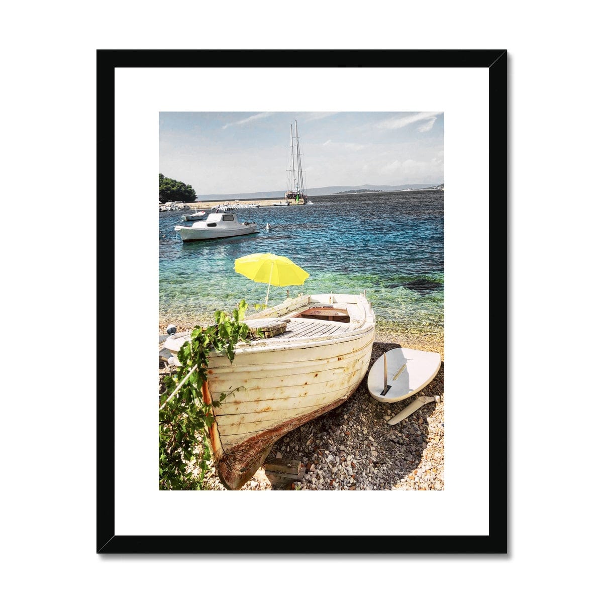 Adam Davies Framed A4 Portrait (21x29.7cm) / Black Frame Korcula Boat Print | Ocean Blue | Nautical | Yellow Umbrella | Summer Skies | Coastal | Framed Print | Wall Art