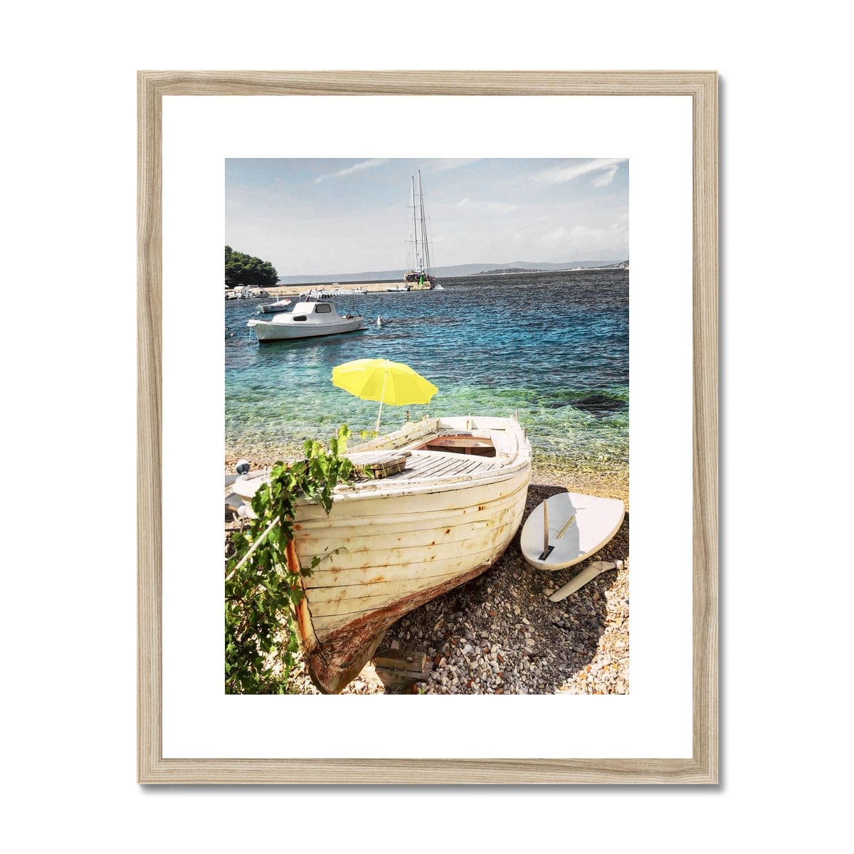 Adam Davies Framed A4 Portrait (21x29.7cm) / Natural Frame Korcula Boat Print | Ocean Blue | Nautical | Yellow Umbrella | Summer Skies | Coastal | Framed Print | Wall Art