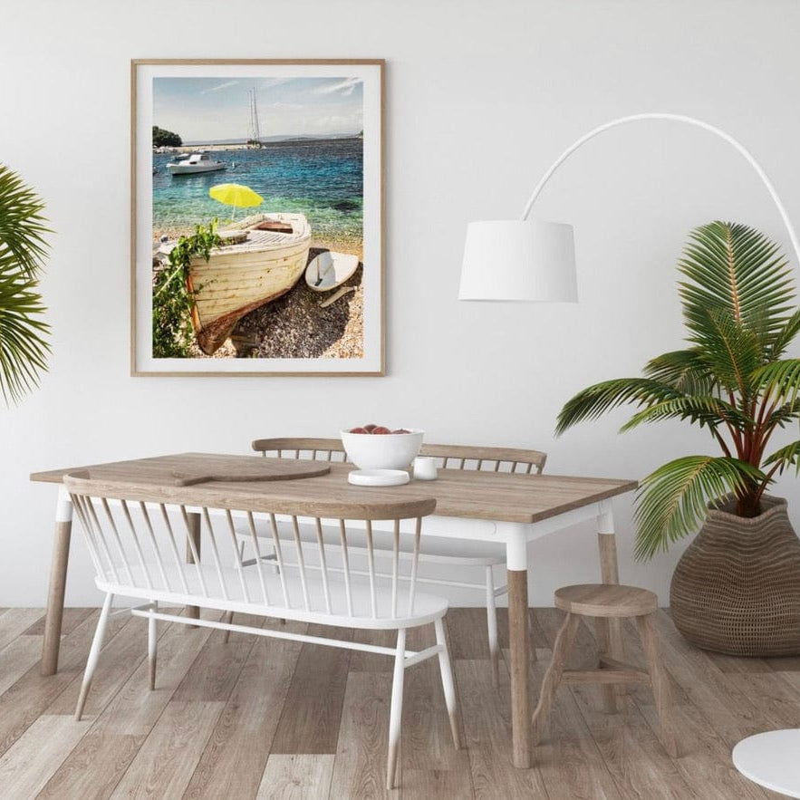 Adam Davies Framed Korcula Boat Print | Ocean Blue | Nautical | Yellow Umbrella | Summer Skies | Coastal | Framed Print | Wall Art