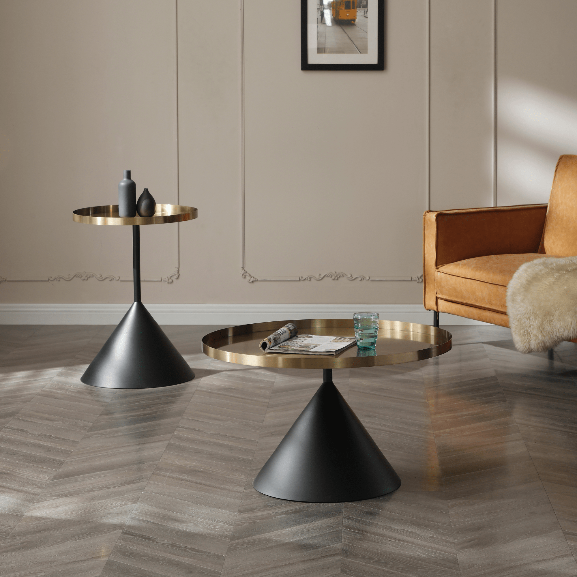 Seek & Ramble Side Table Lloyd Round 50cm Side Table Metal Brushed Gold & Black Cone Base