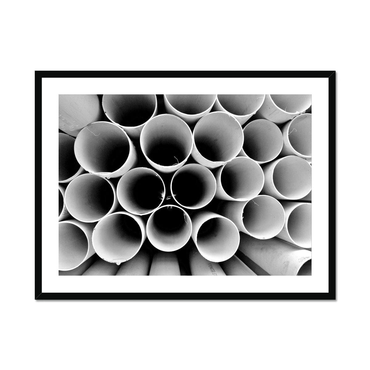 Seek & Ramble Framed A4 Landscape (29x21cm) / Black Frame Monochrome Round Pipes Abstract Framed & Mounted Print